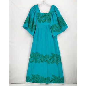 Tiki Togs Blue Green Hawaiian Handprinted Floral Flare Sleeve Midi Tunic Dress